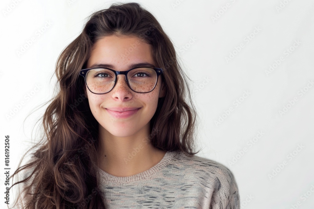 Obraz premium Glasses Person. Young Hispanic Woman with Glasses Smiling in Studio Portrait