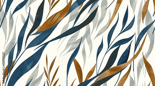   A zoomed-in image of a wallpaper featuring a blue  brown  and white reed pattern against a pure white backdrop