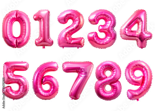 Set of metallic pink balloon numbers set, isolated on transparent background