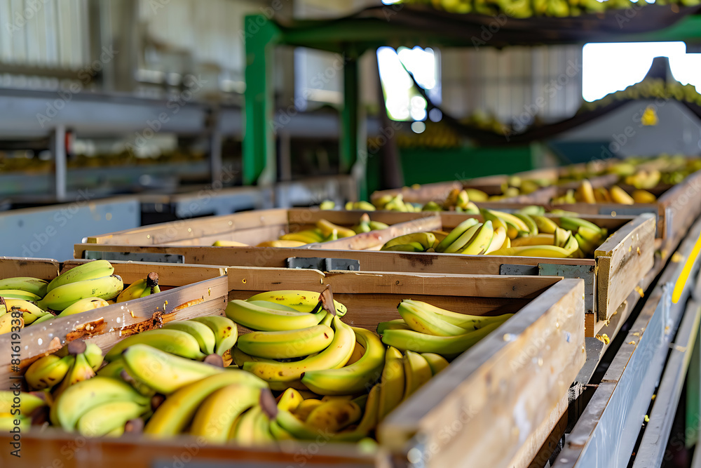 Freshly harvested bananas are carefully packed into wooden crates on the sorting line, showcasing agricultural process