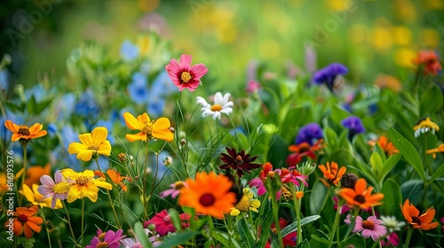 Fototapeta Naklejka Na Ścianę i Meble -  Vibrant flowers bloom in a colorful field, set against a blurred background. Generative AI