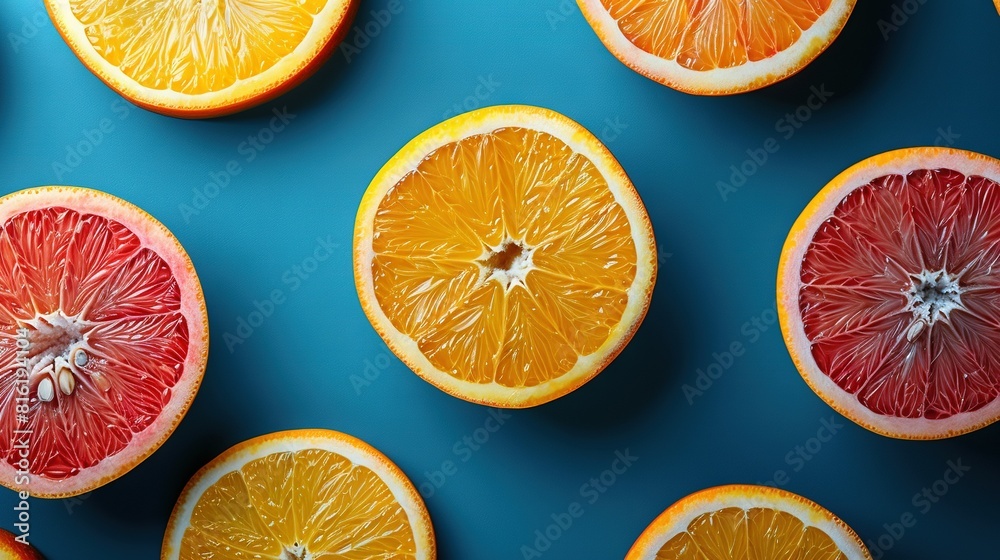 Obraz premium A pair of halved grapefruits on a blue background amidst other grapefruits