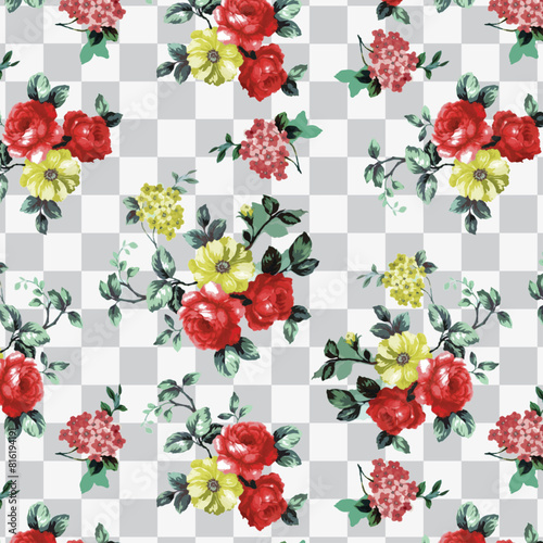 Red and yellow bunchs of Roses on checkered background