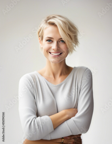 Portrait of a beautiful young woman with short blond hair smiling at the camera, isolated white background