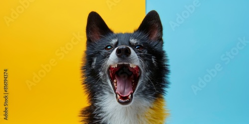 black and white dog standing against a background of separated yellow and blue flowers. The dog opens its mouth, making it appear as if it is barking or yawning. photo