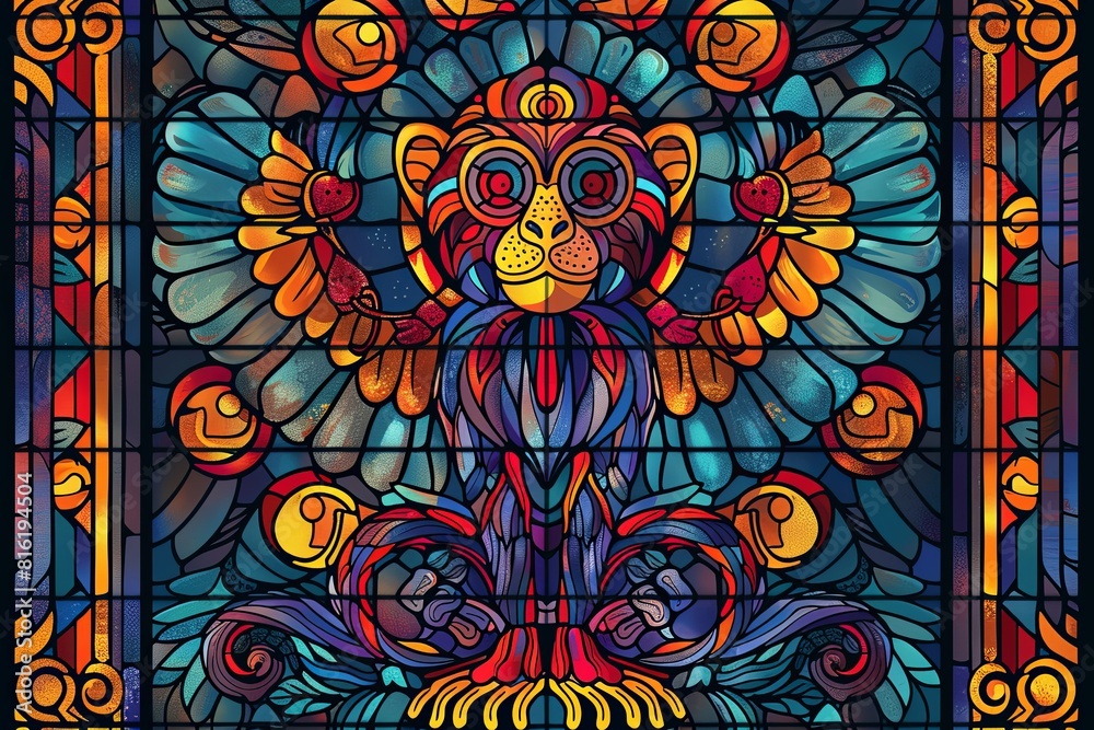 A colorful stained glass window with a monkey and a bird A colorful stained glass window with a monkey and a bird