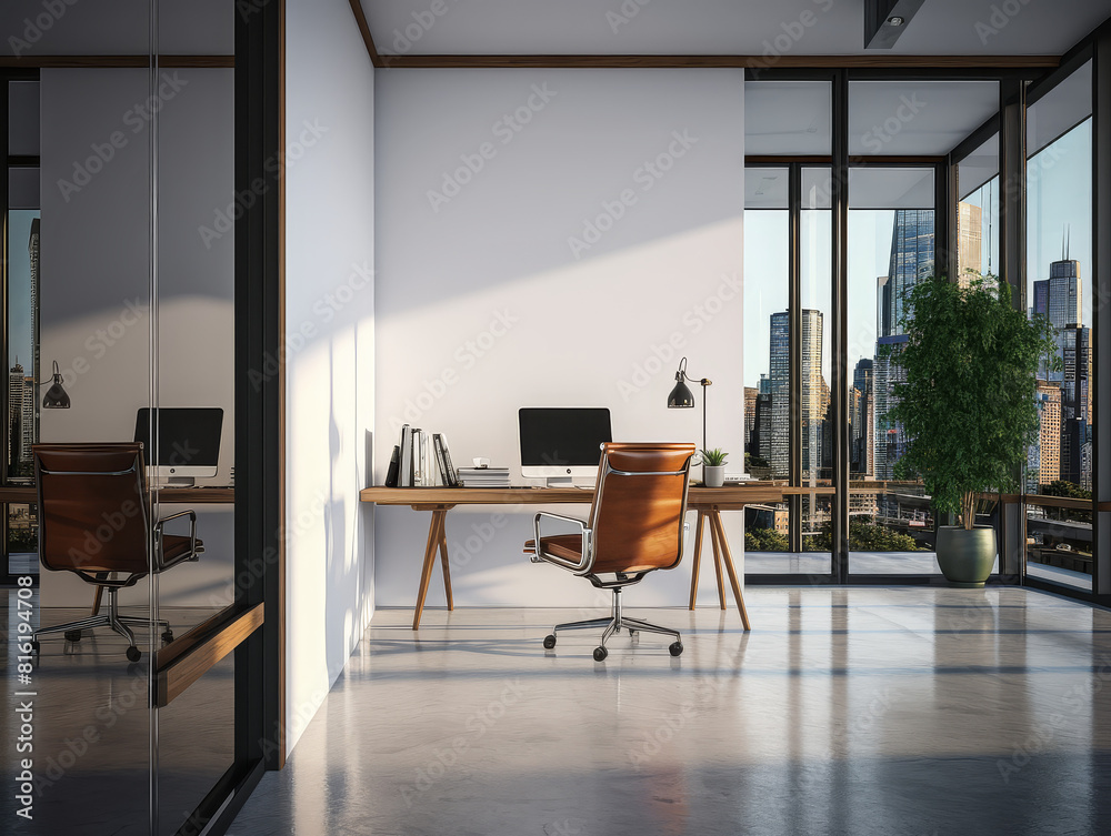 Ceo business interior with desk near window, pc computer and mock up wall