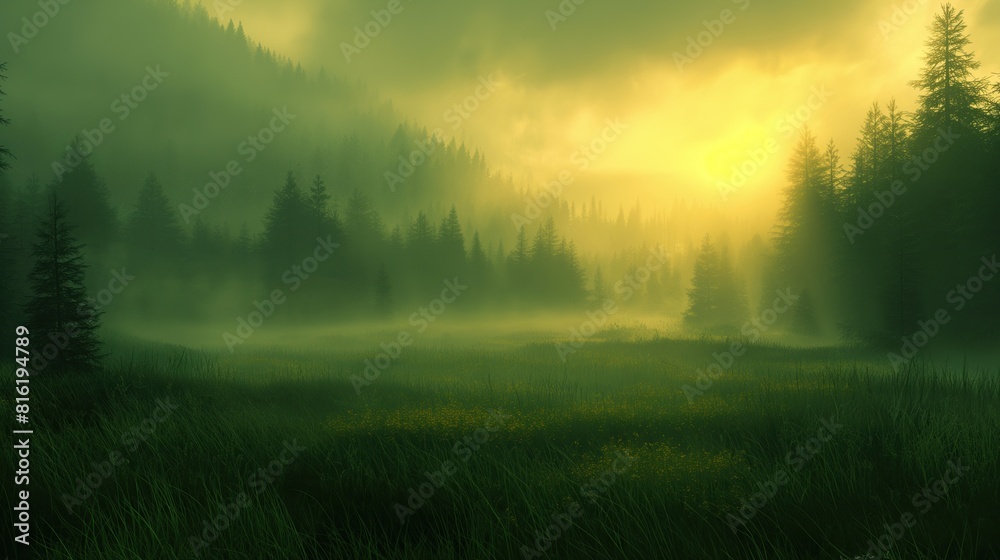 A foggy forest scene filled with numerous trees, branches covered in mist, creating a mysterious and atmospheric ambiance. Design for banner, flyer, poster, card