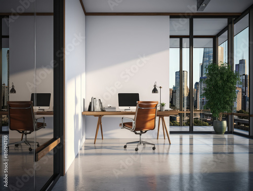 Obraz na płótnie Ceo business interior with desk near window, pc computer and mock up wall
w salonie