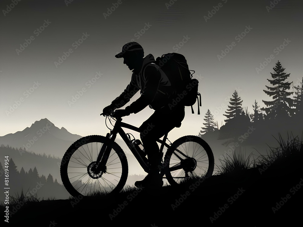 Obraz premium vector t-shirt design all black silhouette hiking bike vintage retro sunshine, design isolated on white background conceptual art vibrant painting illustration, illustration