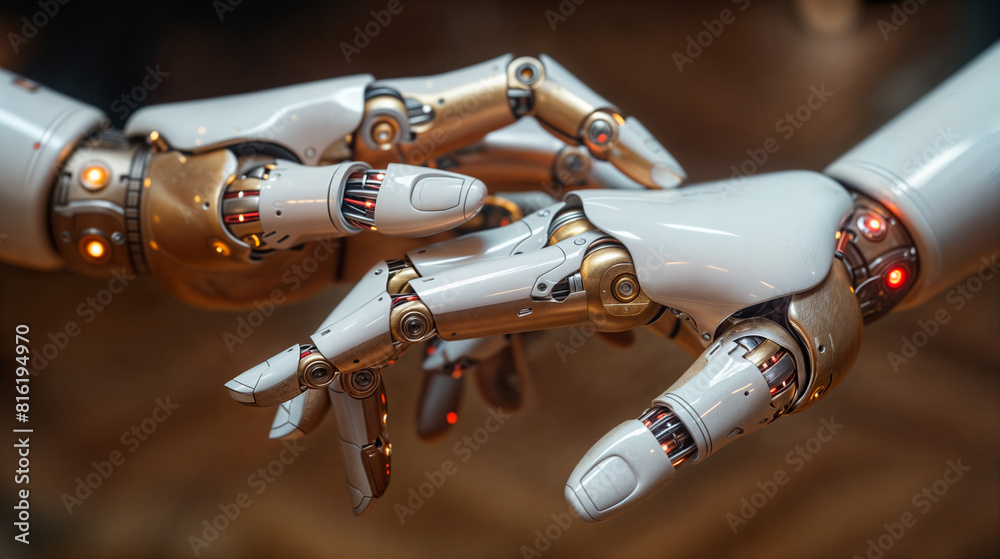Detailed view of robotic hands interlocking, showcasing intricate mechanics and glowing elements, symbolizing collaboration in robotics Detailed view of robotic hands interlocking, showcasing intricate mechanics and glowing elements, symbolizing collaboration in robotics