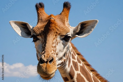 Close up of female Southern giraffe Giraffa giraffa angolensis against a blue sky looking down at the camera in Chobe National Park Botswana
