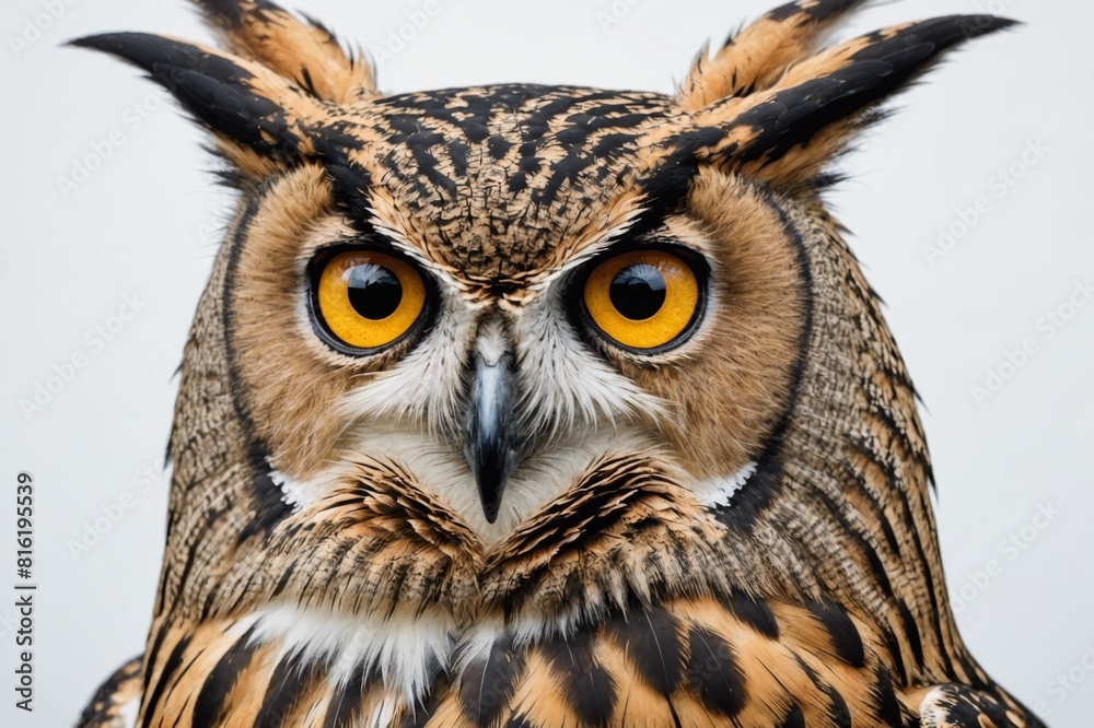 Obraz premium Close up of Eurasian Eagle-Owl, Bubo bubo, a species of eagle owl in front of white background