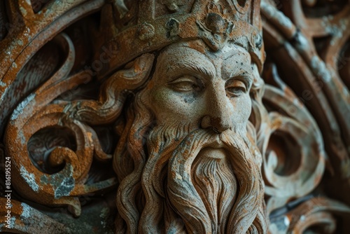 Closeup of an intricate stone sculpture of a regal, bearded king with a crown