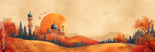 Autumn Mosque View with a Golden Sunset in Watercolor Style photo