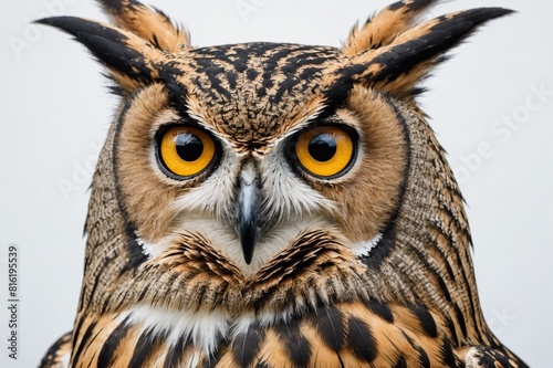Close up of Eurasian Eagle-Owl, Bubo bubo, a species of eagle owl in front of white background photo