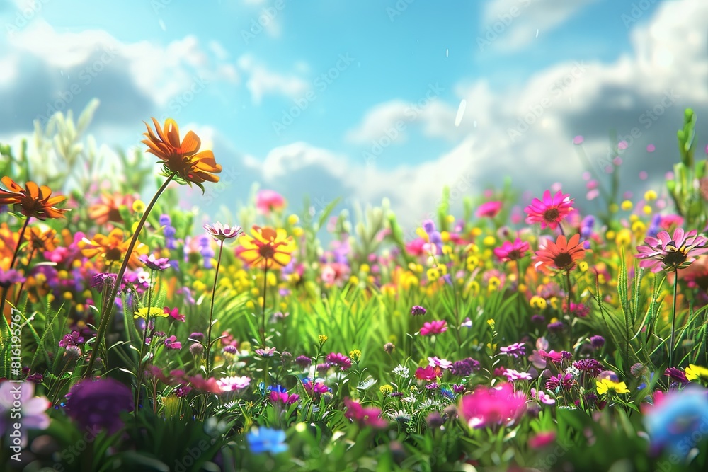 Various vibrant flowers in full bloom on a meadow under a clear blue sky. Generative AI Various vibrant flowers in full bloom on a meadow under a clear blue sky. Generative AI