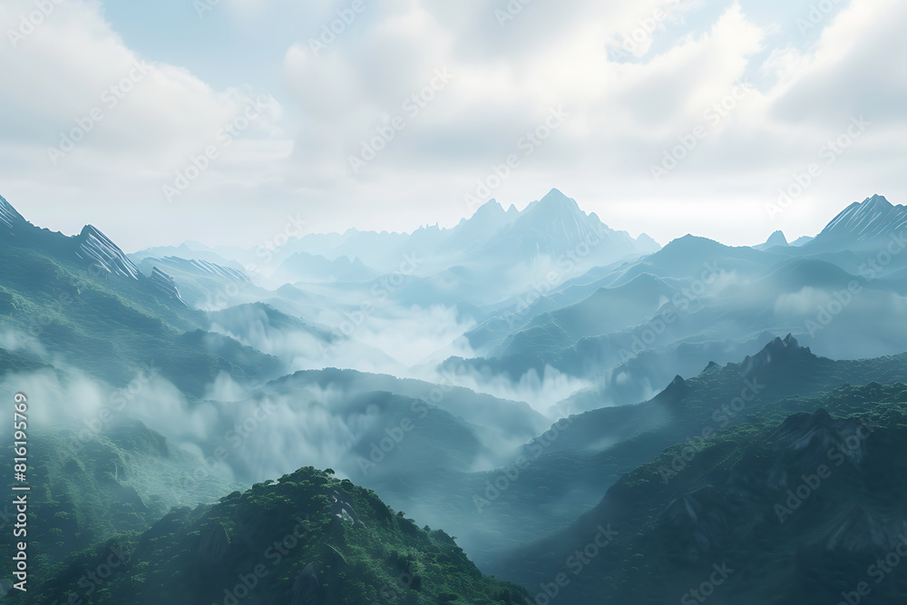 Majestic mountains shrouded in swirling fog, creating an enchanting and mysterious atmosphere Majestic mountains shrouded in swirling fog, creating an enchanting and mysterious atmosphere
