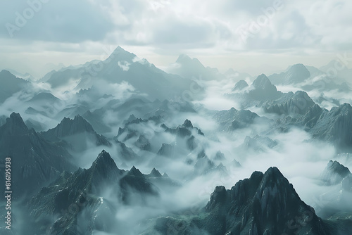 Majestic mountains shrouded in swirling fog  creating an enchanting and mysterious atmosphere