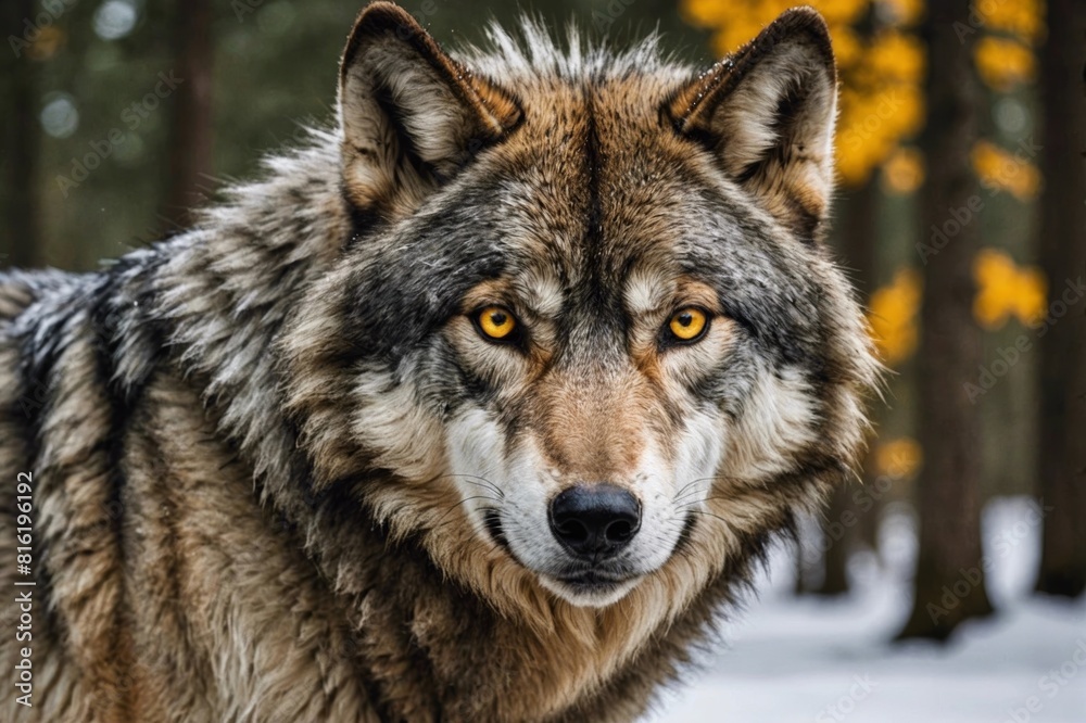 Timber wolf portrait. A close-up photo of a menacing wolf with a yellow eyes