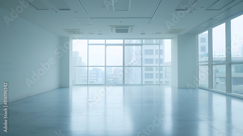 Spacious Empty Office Space with Urban View and Brainstorming Potential   Generative AI