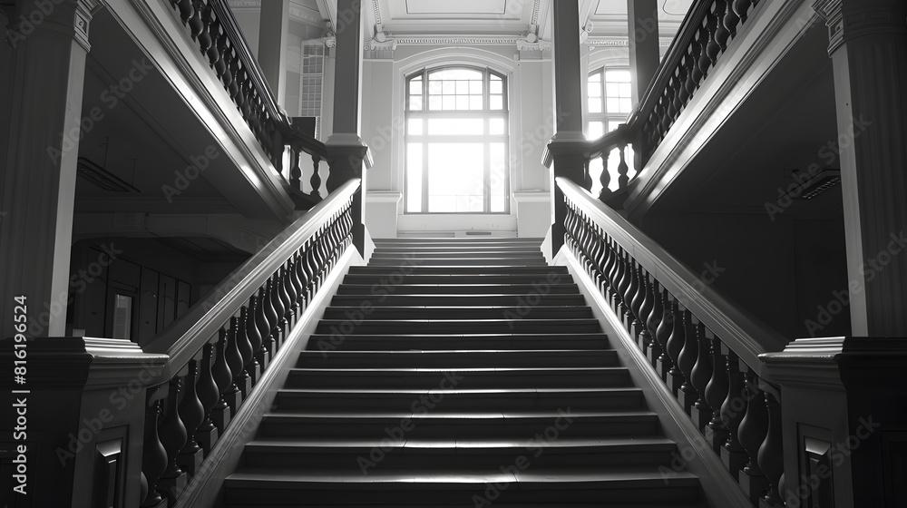 Fototapeta premium Empty staircase in a university in black and white : Generative AI