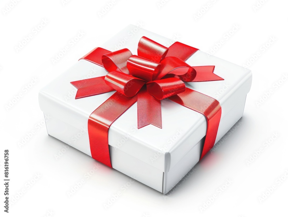 Obraz premium Gift Isolated. Christmas Gift Box with Red Ribbon Bow on White Background