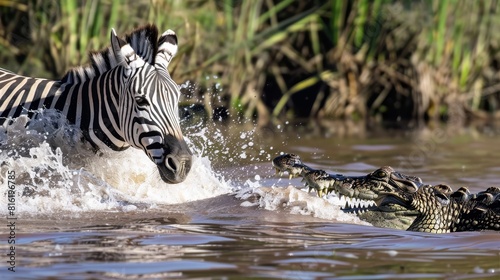 Zebra and a crocodile in a dramatic confrontation