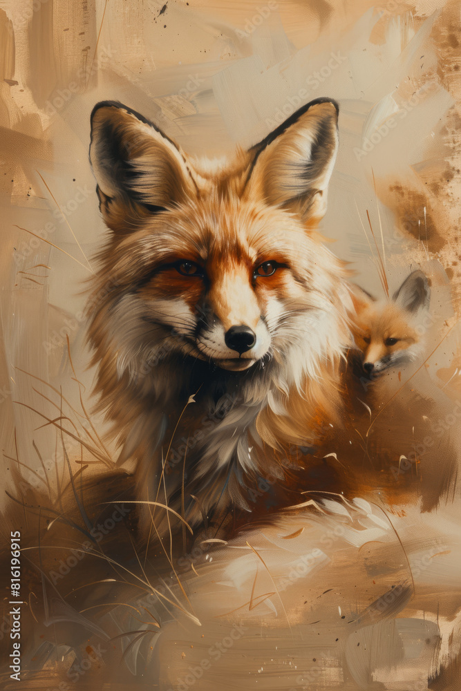 Fox with Pups: Digital Painting in Natural Colors Fox with Pups: Digital Painting in Natural Colors