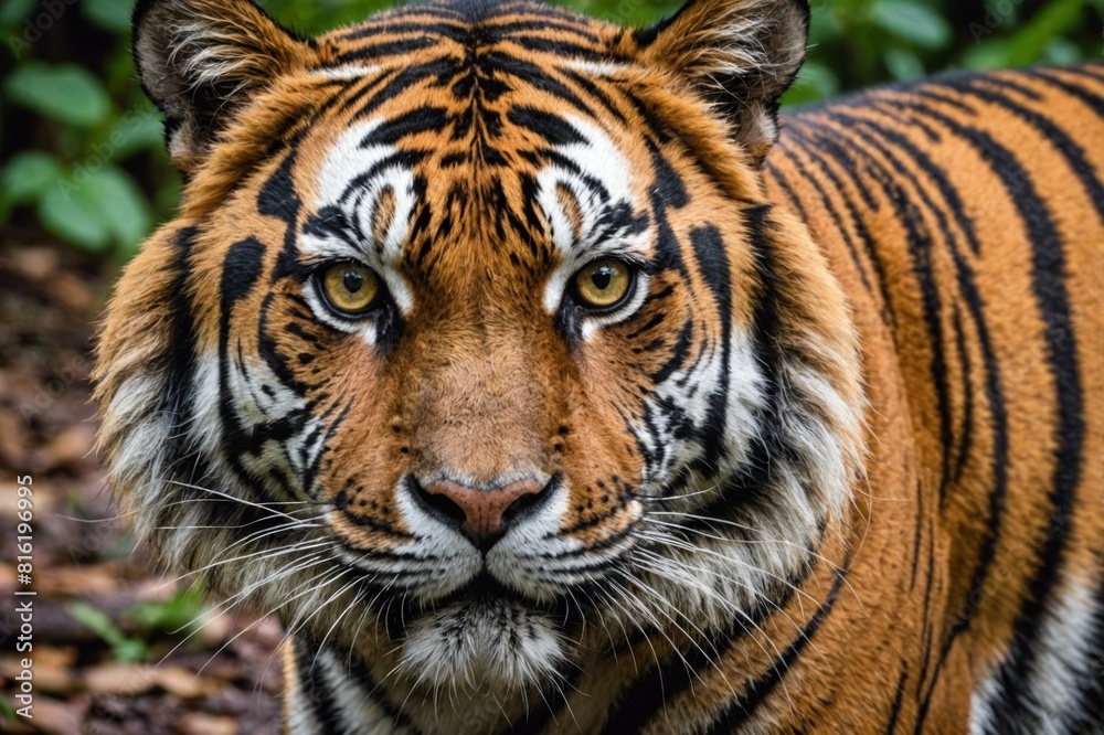 Naklejka premium Wildlife tiger striped photography. Open eye black orange fur. Dangerous cat animal tropical jungle forest hunter close up photo