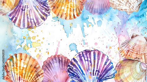 Vibrant Watercolor Seashells on Abstract Colorful Background. Space for text