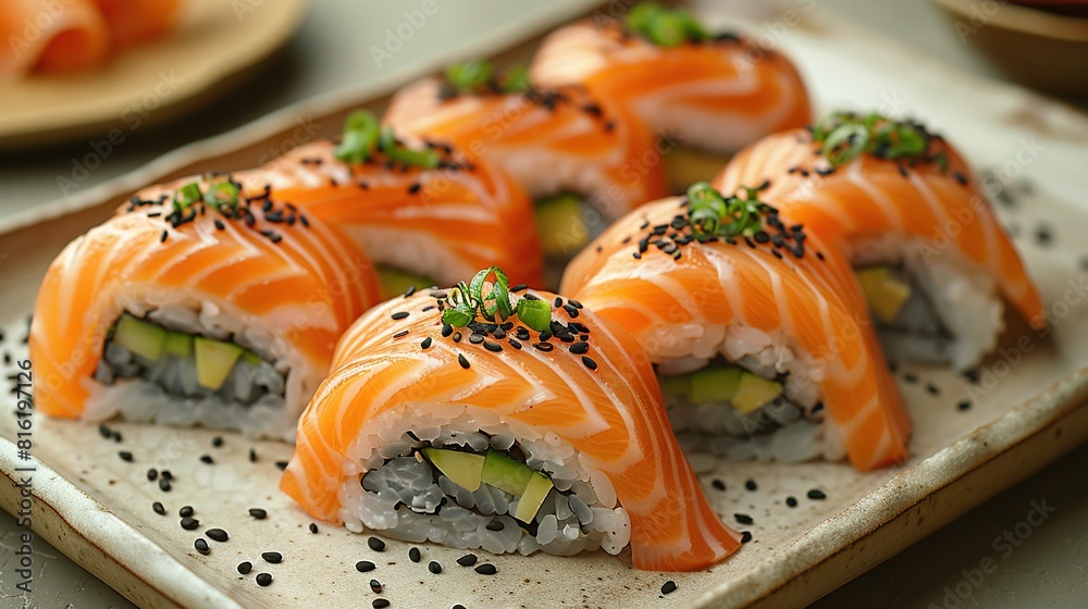 Sushi platter featuring cucumber, avocado, and sesame seeds Sushi platter featuring cucumber, avocado, and sesame seeds