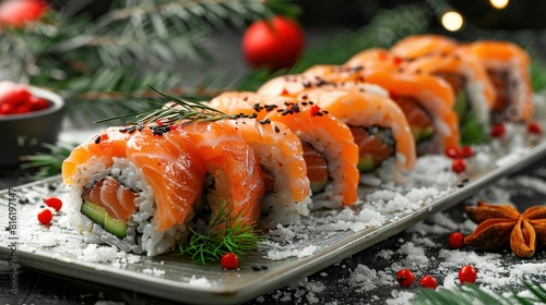  A plate of sushi adorned with garnishes and seasonings sits on a table beside a Christmas tree