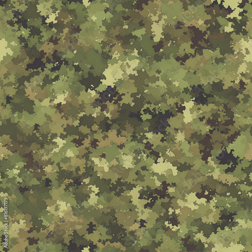 Seamless tileable graphic design featuring modern military camouflage in shades of green and brown