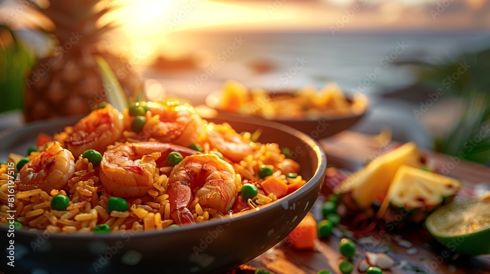 Thai fried rice with prawns served in bowl on beach table. Seaside dining at sunset. Concept of tropical cuisine, romantic dinner, Asian cuisine, Thai traditional dish, culinary. Space for text Thai fried rice with prawns served in bowl on beach table. Seaside dining at sunset. Concept of tropical cuisine, romantic dinner, Asian cuisine, Thai traditional dish, culinary. Space for text