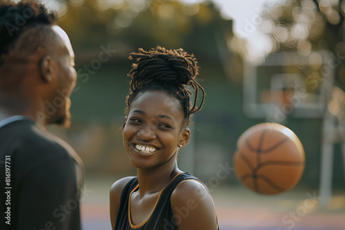 Outdoors Activity. African couple girl dribbling while guy defensing backdoor on basketball court smiling happy photo