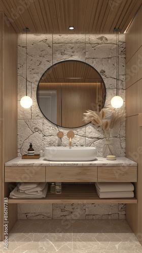 A modern small bathroom featuring rock textures, wood accents, and beige tiles. The vanity sink area includes a circular mirror for a sleek touch. -