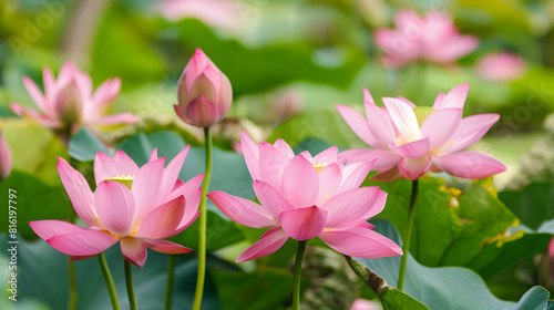 Beautiful pink lotus flowers floating in a pond symbolizing purity and tranquility  suitable for nature and floral related content.