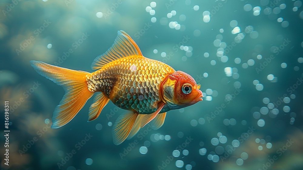   A tight shot of a fish within water, surrounded by air pockets, against a backdrop of sky