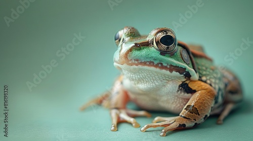   A green-brown frog atop a blue surface, with its head turned sideways photo