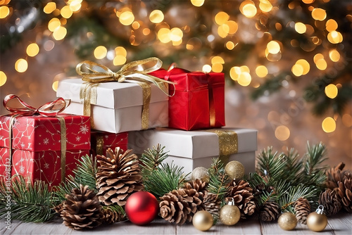 Enchanting Christmas Gifts - Elegantly Wrapped Presents, Pine Cones, and Ornaments Amidst the Warm Glow of Holiday Lights