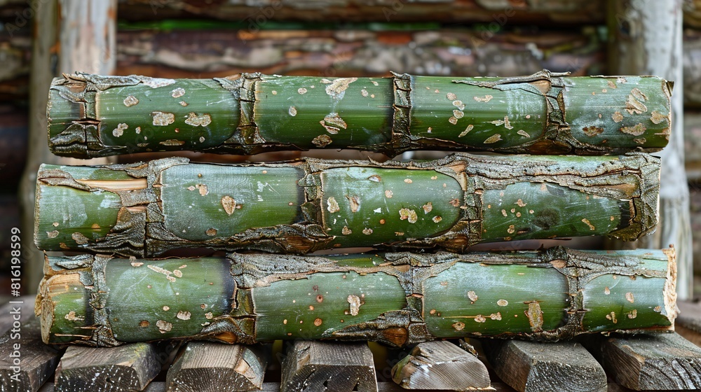 Green bamboo sticks on wooden logs in front of brick wall Green bamboo sticks on wooden logs in front of brick wall