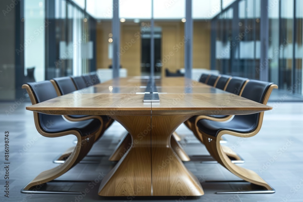 Sleek wooden conference table set in a spacious, welllit corporate meeting room Sleek wooden conference table set in a spacious, welllit corporate meeting room