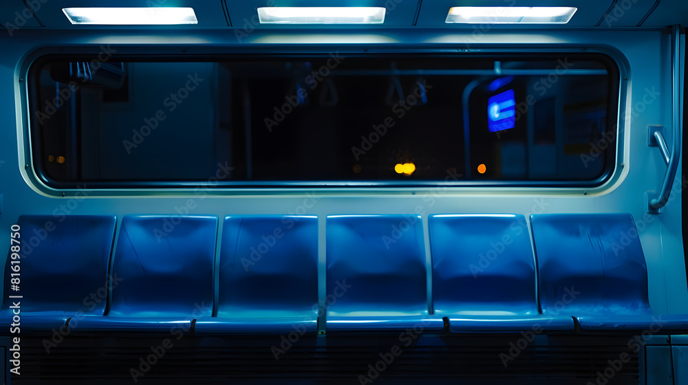 Obraz premium At night empty blue metro seats with a dark window above looking outside and a screen displaying the metro line : Generative AI