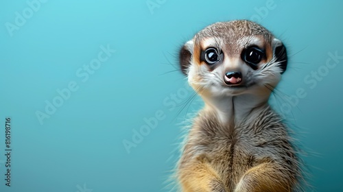   A close-up of a meerkat's face on a blue background with its eyes wide open photo