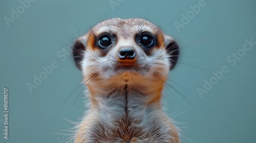   A close-up of a meerkat's face with a blue background photo