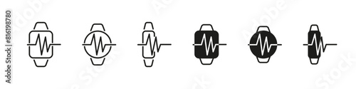 Smart fitness watch heartbeat icon. Wrist sport bracelet pulce icons.