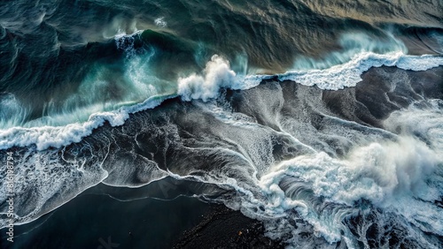 Aerial Photography of Waves crashing on a black sand beach Dark blue textured background.