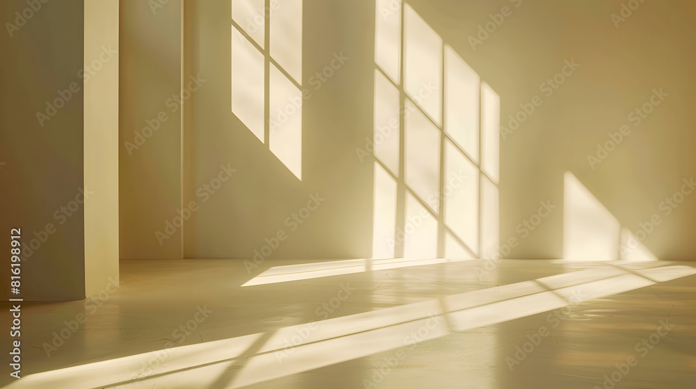 Beige studio background for product presentation Shadow of Window and Sunlight on Empty Room White Wall and Floor Summer concert Blurred backdrop : Generative AI