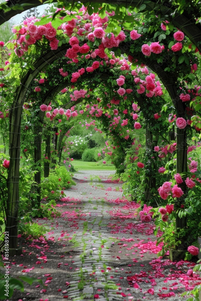 Landscaping Garden: Pathway with Floral Arches in a Park Setting Landscaping Garden: Pathway with Floral Arches in a Park Setting